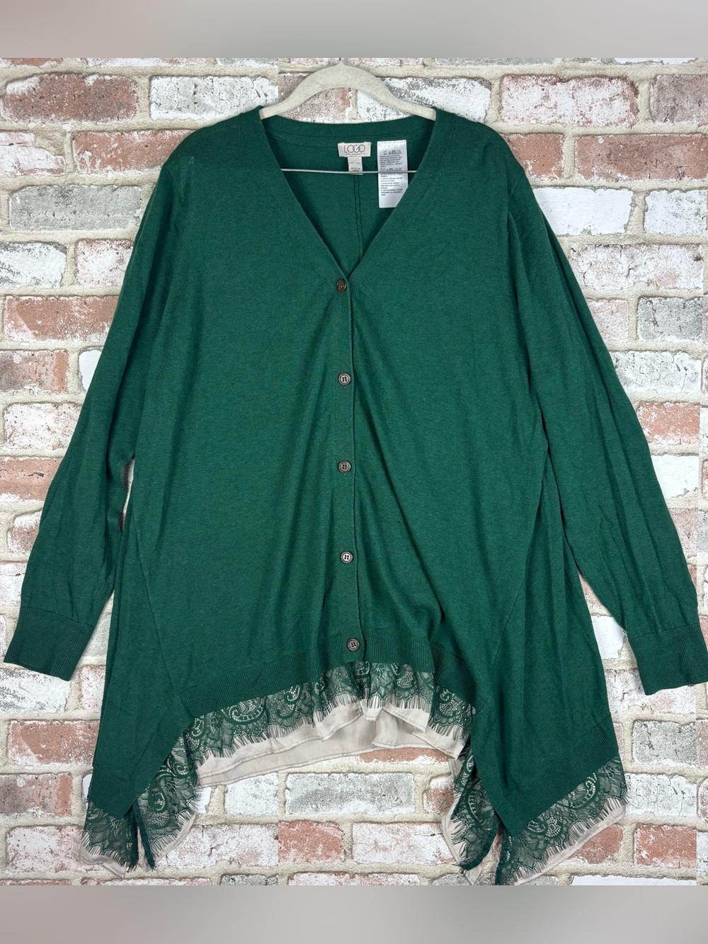 Logo Lori Goldstein Green Cotton Cashmere Sharkbite Cardigan Sweater size XL